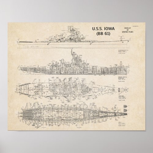 USS IOWA Blueprint Archival Poster