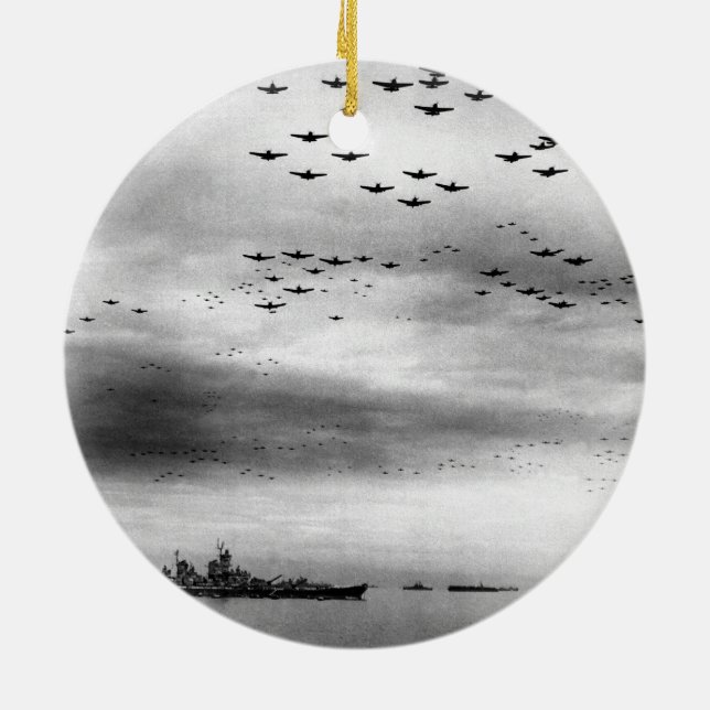 USS Missouri Flyover Surrender of Japan Ceramic Ornament (Back)