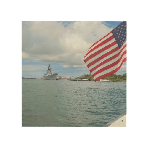 USS Missouri with American Flag at Pearl Harbor Wood Wall Art
