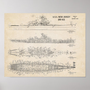 USS NEW JERSEY Blueprint Poster