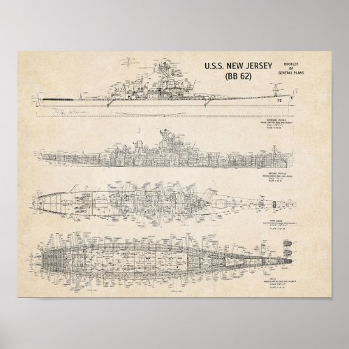 USS NEW JERSEY Blueprint Poster
