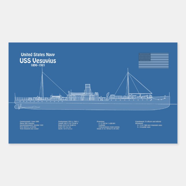 USS Vesuvius - Ship Blueprint Plans ABD Rectangular Sticker (Front)