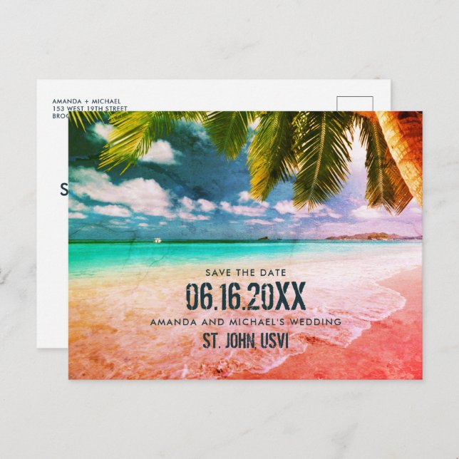 USVI Tropical Beach Wedding Save the Date Postcard (Front/Back)