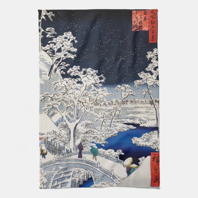 Utagawa Hiroshige - Drum Bridge at Meguro Kitchen Towel (Vertical)