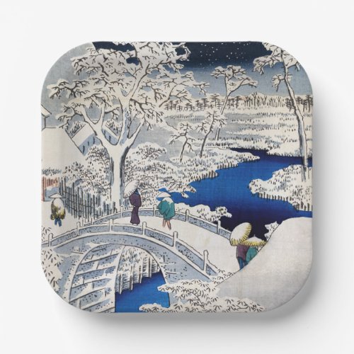 Utagawa Hiroshige _ Drum Bridge at Meguro Paper Plates