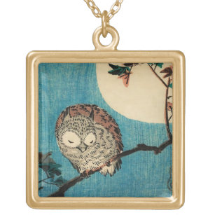 Utagawa Hiroshige - Horned Owl on Maple Branch Gold Plated Necklace