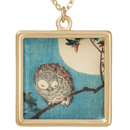 Utagawa Hiroshige _ Horned Owl on Maple Branch Gold Plated Necklace