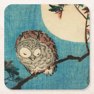 Utagawa Hiroshige - Horned Owl on Maple Branch Square Paper Coaster