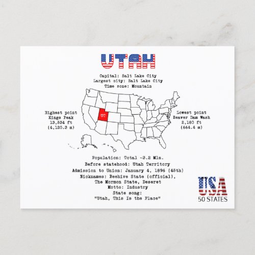 Utah American state on a map and useful info Holiday Postcard