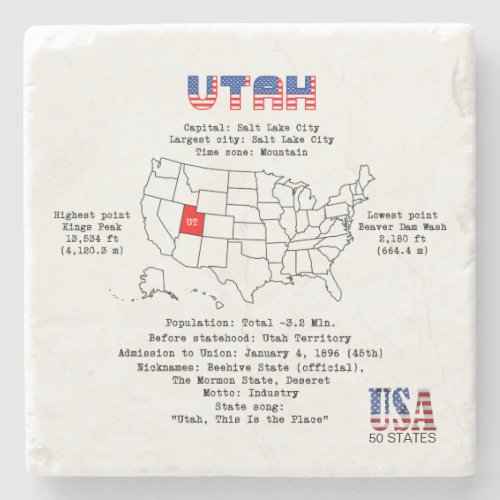 Utah American state on a map and useful info Stone Coaster