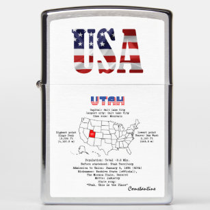 Utah American state on a map and useful info Zippo Lighter