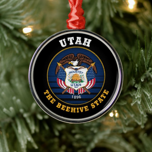 UTAH BEEHIVE STATE FLAG METAL ORNAMENT (Tree)