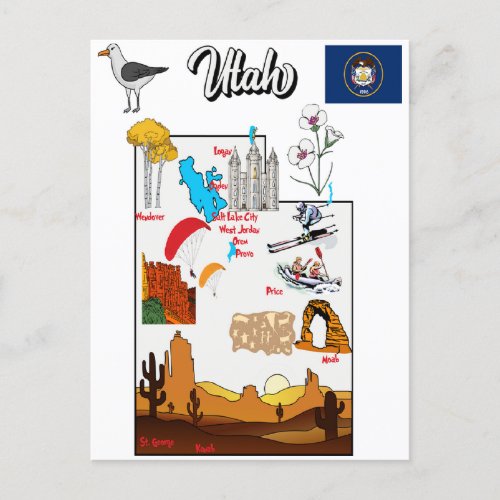 Utah state map with major cities postcard