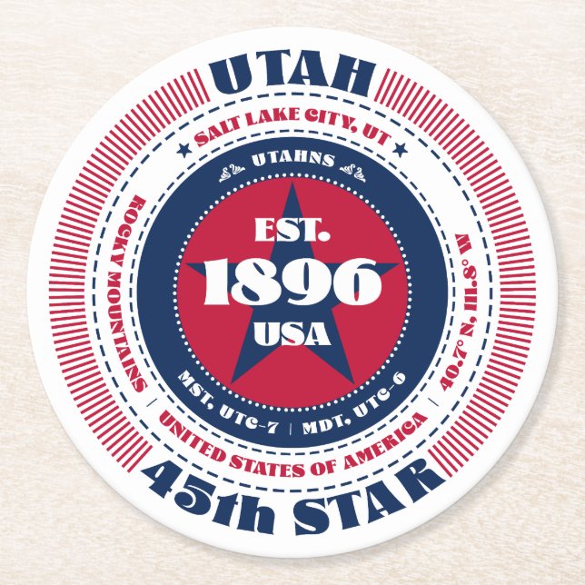 Utah State Red White Blue Round Paper Coaster (Front)