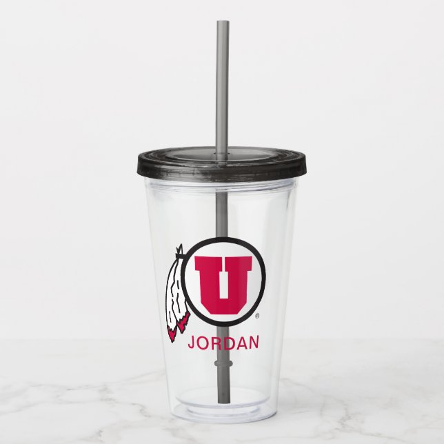 Utah U Circle and Feathers Acrylic Tumbler (Front)