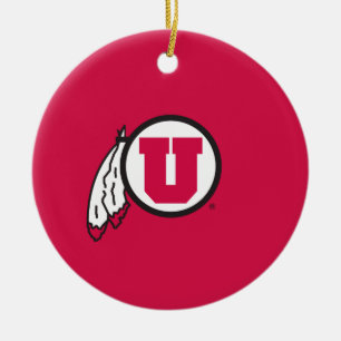 Utah U Circle and Feathers Ceramic Ornament