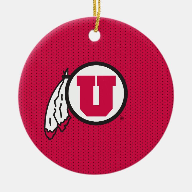 Utah U Circle and Feathers Ceramic Ornament (Front)