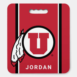 Utah U Circle and Feathers   Stripes with Name Seat Cushion
