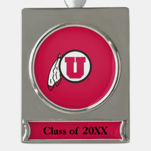 Utah U Circle and Feathers with Year Silver Plated Banner Ornament