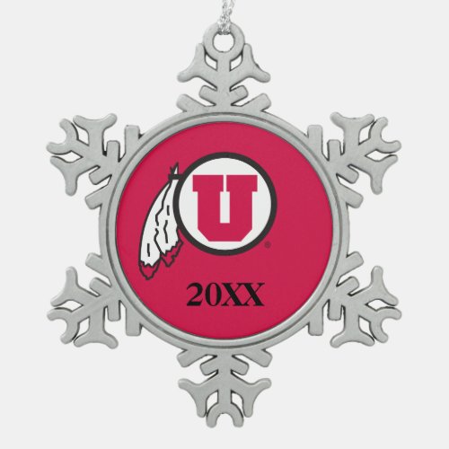 Utah U Circle and Feathers with Year Snowflake Pewter Christmas Ornament