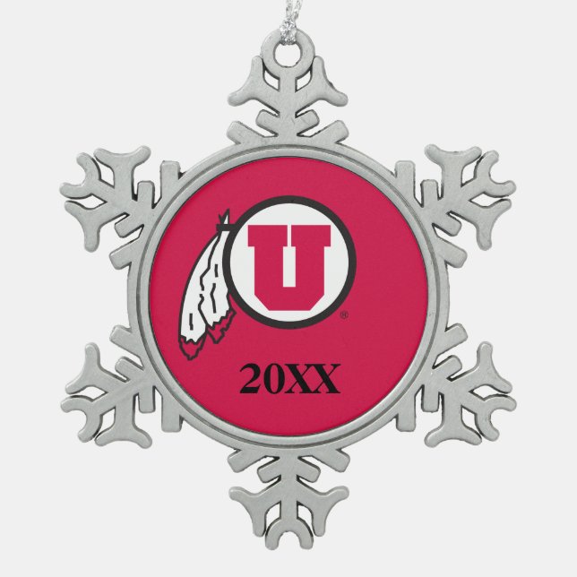 Utah U Circle and Feathers with Year Snowflake Pewter Christmas Ornament (Front)