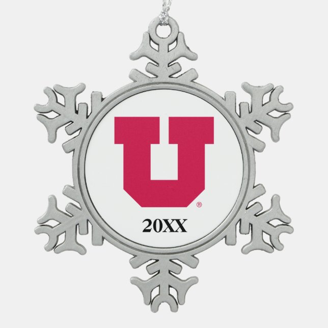 Utah U with Year Snowflake Pewter Christmas Ornament (Front)
