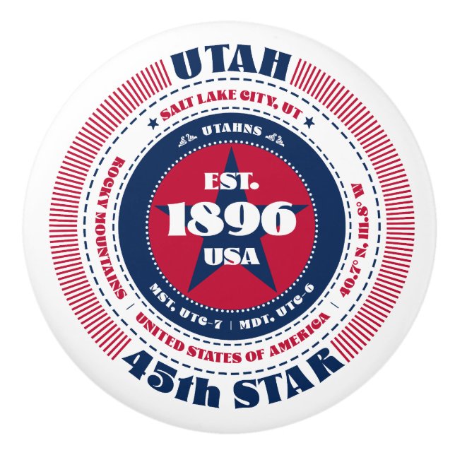 Utah US State Red White Blue Typography Ceramic Knob (Front)