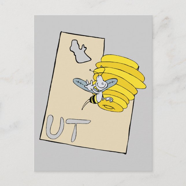 Utah UT Cartoon Map with Bee Hive Cartoon Art Postcard (Front)