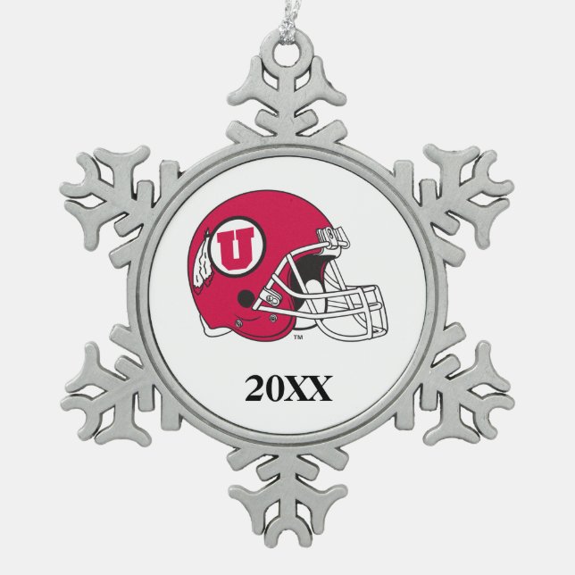 Utah Utes Helmet with Year Snowflake Pewter Christmas Ornament (Front)
