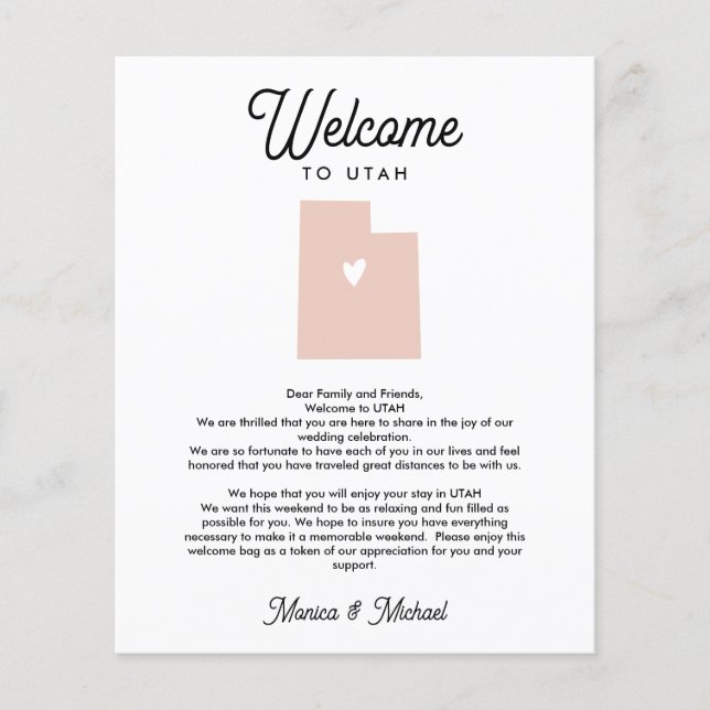 UTAH Welcome  Letter Itinerary ANY COLOR (Front)