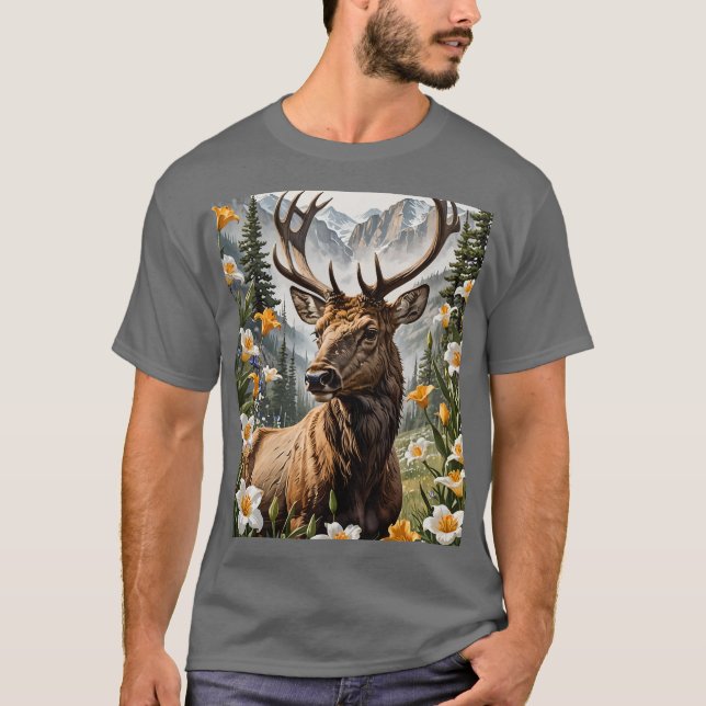 Utahn Mountain Elk Surrounded By Sego Lily Flowers T-Shirt (Front)