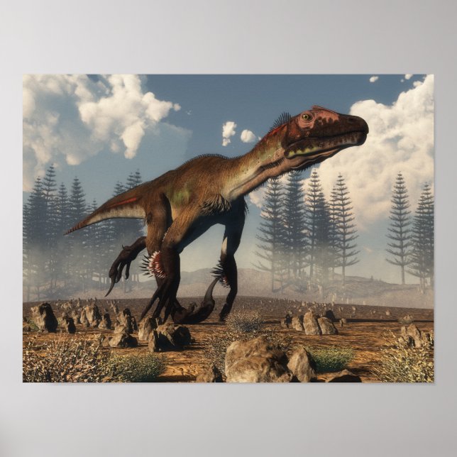 Utahraptor dinosaur in the desert - 3D render Poster (Front)