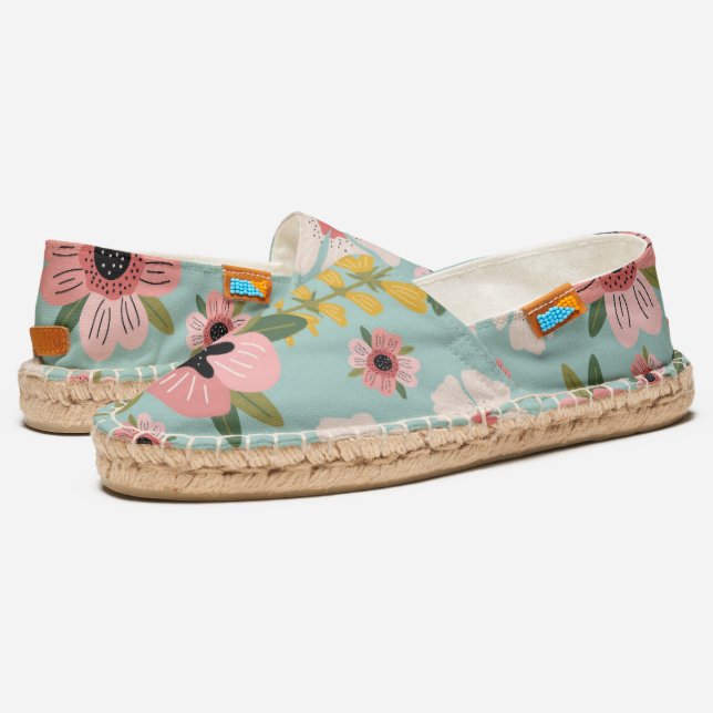 ute Pink & White Flowers Floral  Espadrilles (Angled)