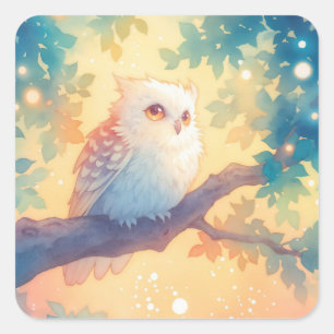 ute White Owl Perched on Branch in Magical Tree Square Sticker