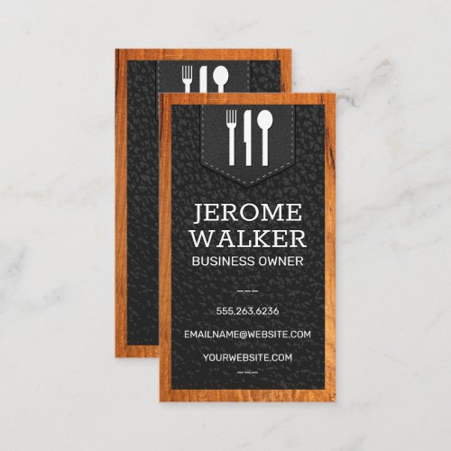 Utensil Logo  Leather Stitched Strap  Wood Business Card
