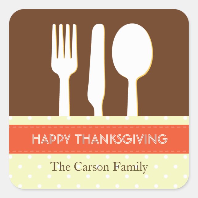 Utensil place setting orange brown thanksgiving square sticker (Front)