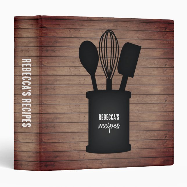 Utensils Crock Wood Plank Rustic Recipe Binder (Front/Spine)