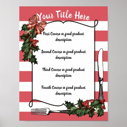 Utensils holly dinner party Christmas holiday menu Poster