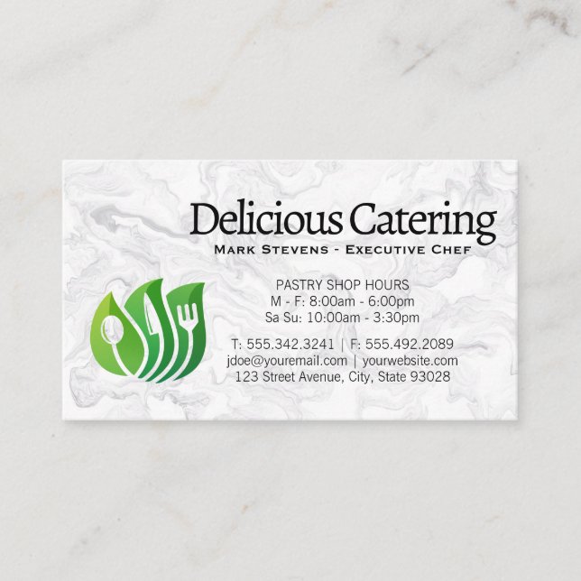 Utensils Leaves Logo | Marble Business Card (Front)