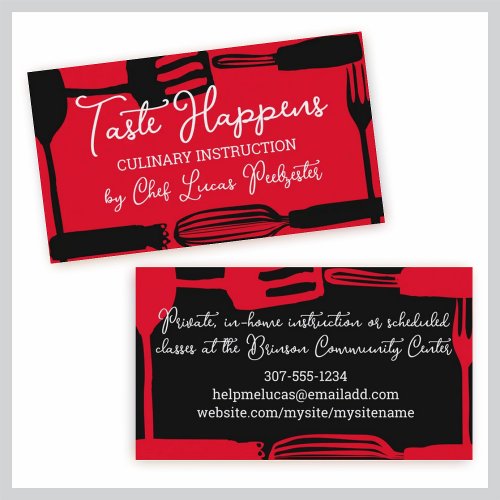 kitchen utensils chef catering business card red