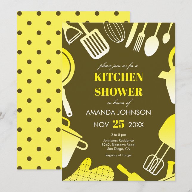 Utensils Yellow Khaki Kitchen Bridal Shower Invitation (Front/Back)