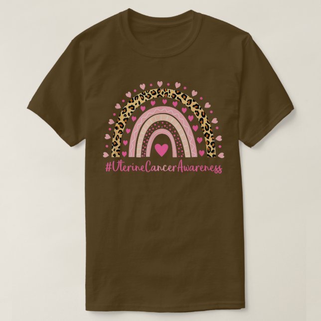 Uterine Cancer Awareness Pink Heart Leopard Rainbo T-Shirt (Design Front)