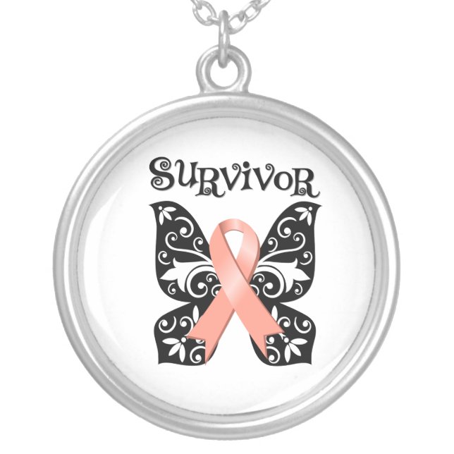Uterine Cancer Butterfly Ribbon Silver Plated Necklace (Front)