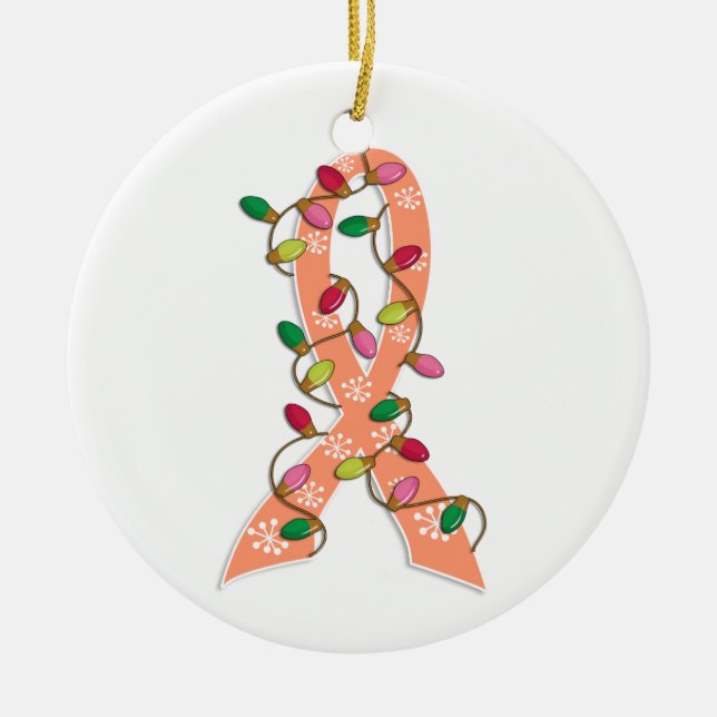 Uterine Cancer Christmas Lights Ribbon Ceramic Ornament (Front)