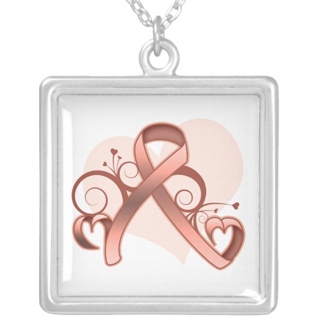 Uterine Cancer Floral Heart Ribbon Silver Plated Necklace (Front)