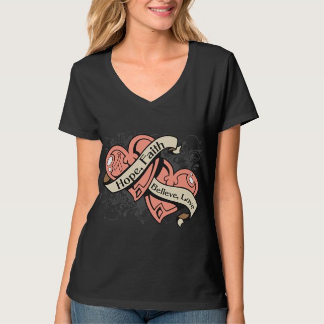 Uterine Cancer Hope Faith Dual Hearts T-Shirt (Front)