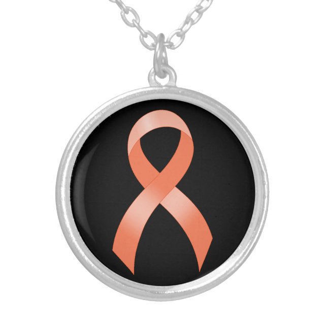 Uterine Cancer Peach Ribbon Silver Plated Necklace (Front)