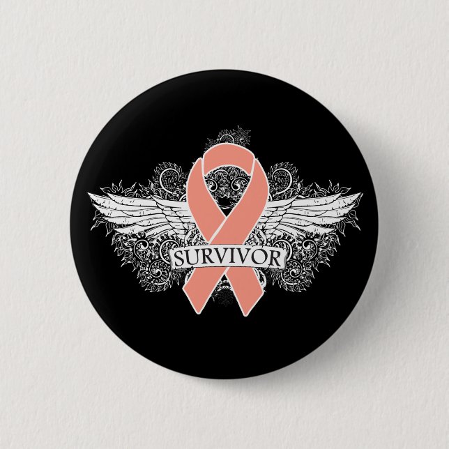 Uterine Cancer Scroll Winged SURVIVOR Ribbon Pinback Button (Front)