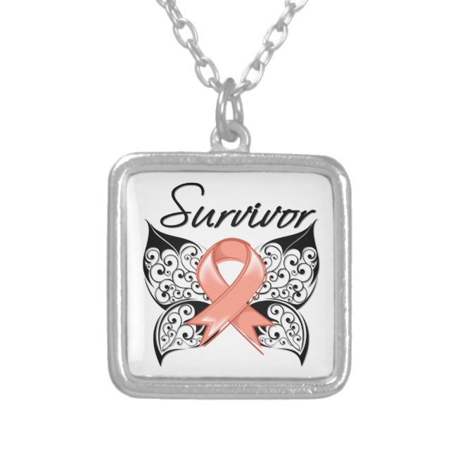 Uterine Cancer Survivor Butterfly Silver Plated Necklace (Front)