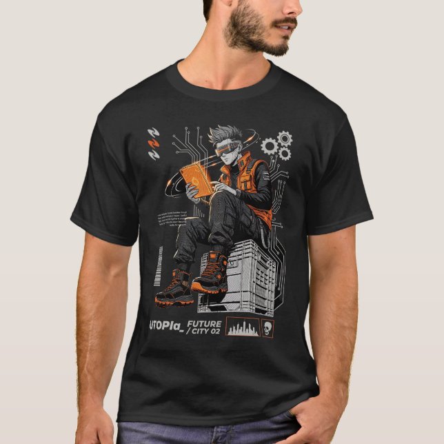 Utopia Future City Cyberpunk Knowledge Seeker Art T-Shirt (Front)